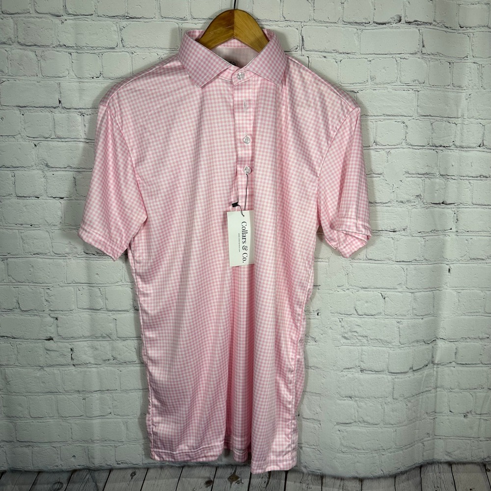 Collars & Co Mens‎ Dress Collar Polo Shirt Pink Gingham Performance Medium